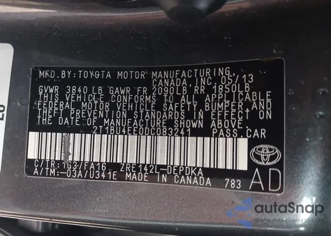 2013 Toyota Corolla L z USA, uszkodzony, nr VIN 2T1BU4EE0DC083241